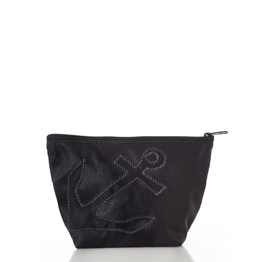 The Black-on-Black Anchor Cosmetic Bag by Sea Bags, crafted from recycled sailcloth with a stitched anchor design on the front and shown against a white background, is the perfect unique cosmetic bag. by Sea Bags