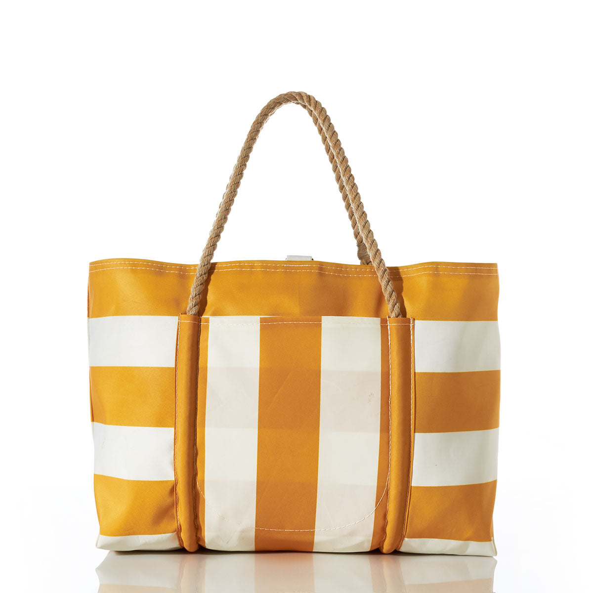 Yellow and white checkered Sea Bags Yellow Pier Tote with rope handles and a large outside pocket, crafted from recycled sail cloth and photographed on a white background. by Sea Bags