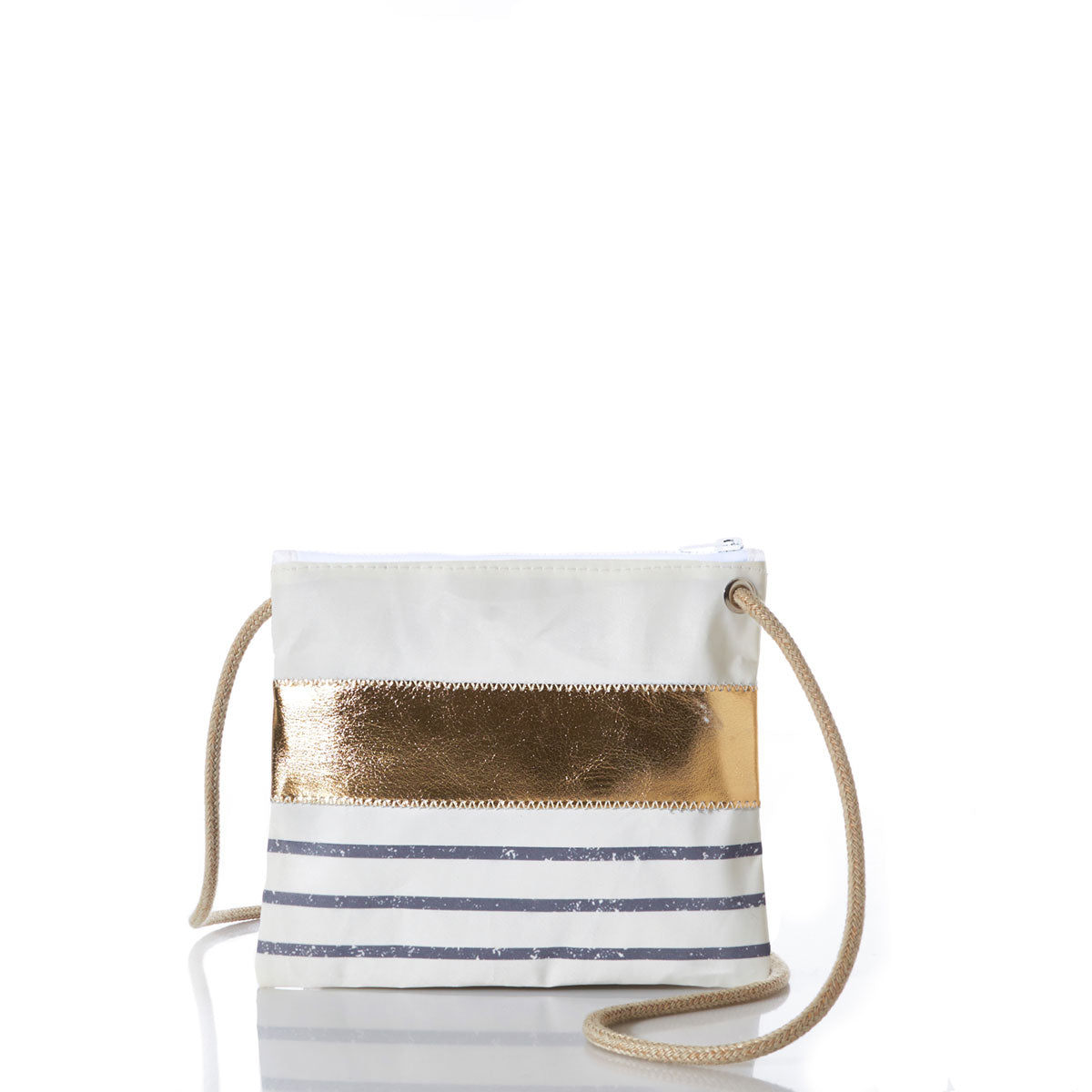 The Sea Bags Grey Mariner Stripe Slim Crossbody Bag features a striking gold metallic leather stripe paired with classic grey horizontal stripes on a white background. Crafted from recycled sail cloth, it is finished with a tan rope strap and secures with a zipper closure on top. The bag is photographed on a white surface. by Sea Bags