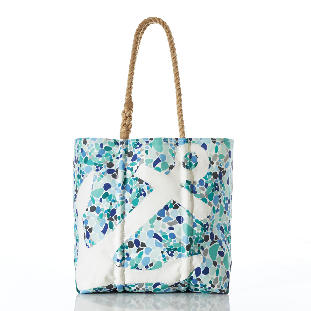 Sea Bags Zip Top White Anchor on Sea Glass Print Medium Tote, crafted from recycled sail cloth with a blue and green sea glass pattern, features a large white anchor graphic and two sturdy rope handles, shown against a white background. by Sea Bags