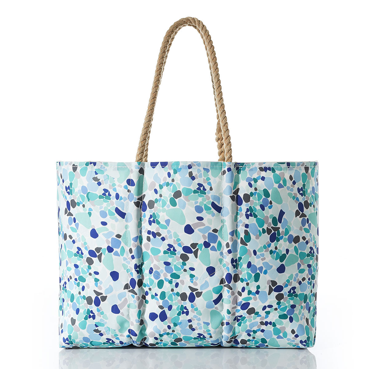 The Sea Bags White Anchor on Sea Glass Large Tote, crafted from recycled sail cloth, features a blue, teal, and white patterned design with a bold white anchor, two tan rope handles, and a secure zip top closure, photographed against a white background. by Sea Bags