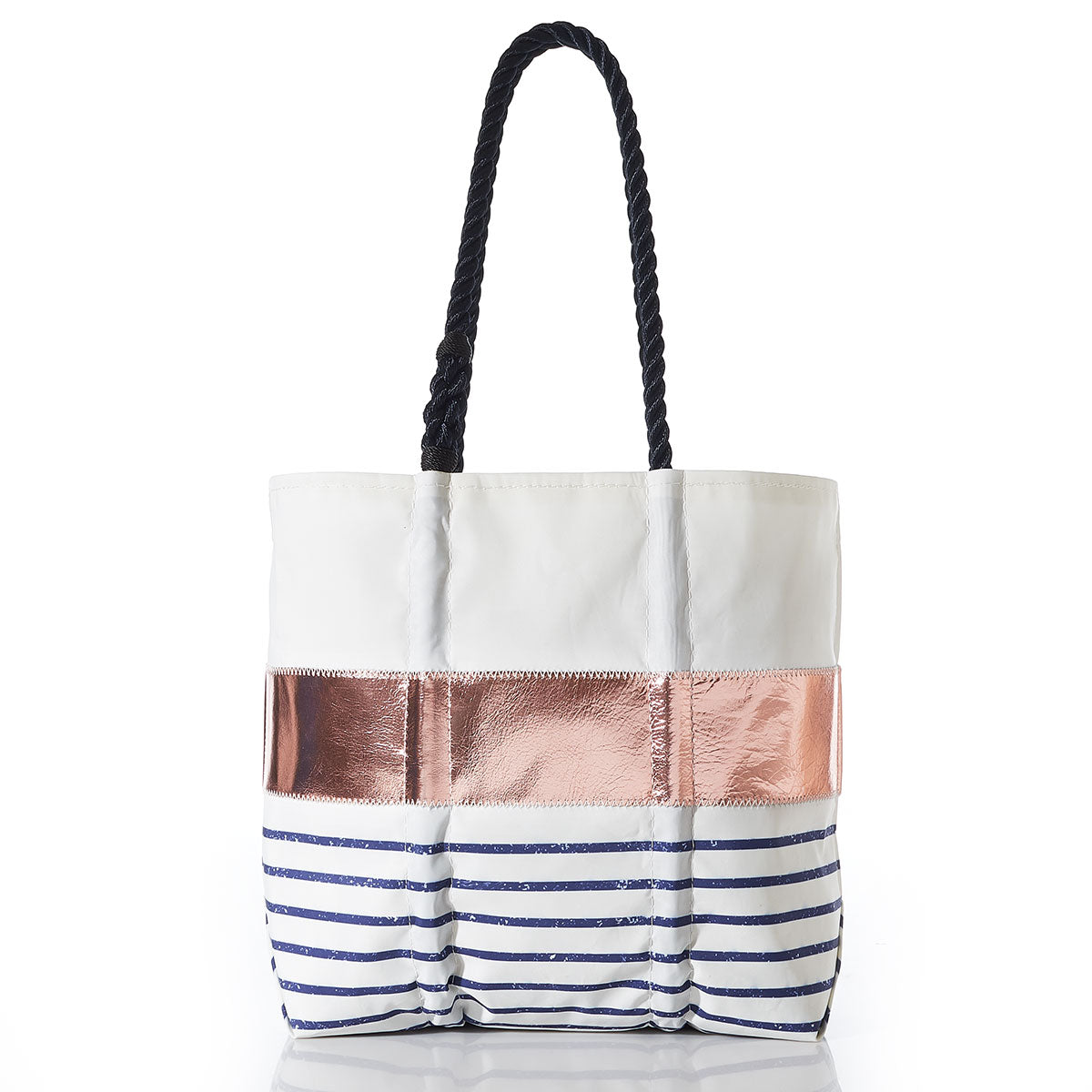 Sea Bags Zip Top Rose Gold-on-Navy Mariner Stripe Medium Tote featuring a white handcrafted design with a metallic rose gold stripe, classic blue Breton stripes on the lower half, and sturdy navy blue rope handles, showcased against a white background. by Sea Bags