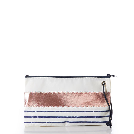 The Rose Gold-on-Navy Mariner Stripe Large Wristlet by Sea Bags is a spacious rectangular pouch featuring classic Breton stripes in white, metallic rose gold, and navy blue, finished with a black zipper and matching black cord loop. by Sea Bags
