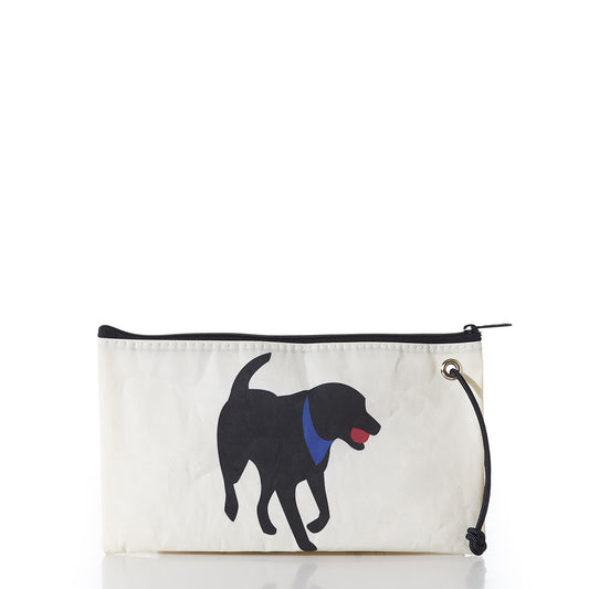 The Sea Bags Black Lab Large Wristlet is crafted from recycled sailcloth and features a zippered closure. The front displays a profile illustration of a black Labrador retriever wearing a blue collar. by Sea Bags