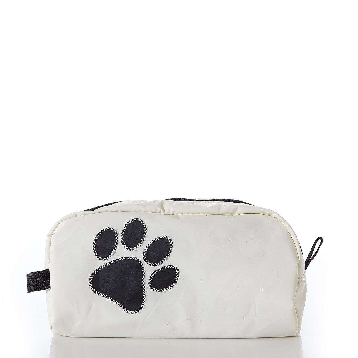 Sea Bags Paw Print Toiletry Bag—a white zippered pouch featuring a bold black paw print on the front, made from recycled sail cloth and ideal for travel or everyday use by dog lovers—displayed against a plain white background. by Sea Bags