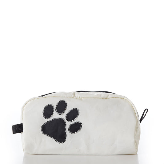 Sea Bags Paw Print Toiletry Bag—a white zippered pouch featuring a bold black paw print on the front, made from recycled sail cloth and ideal for travel or everyday use by dog lovers—displayed against a plain white background. by Sea Bags