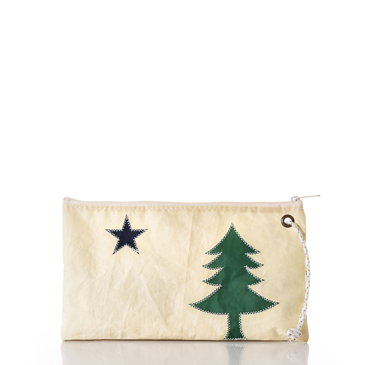 The Sea Bags Maine Bicentennial Large Wristlet is a beige zippered pouch adorned with a green tree and black star design inspired by the Maine state flag and its maritime heritage, shown against a white background. by Sea Bags