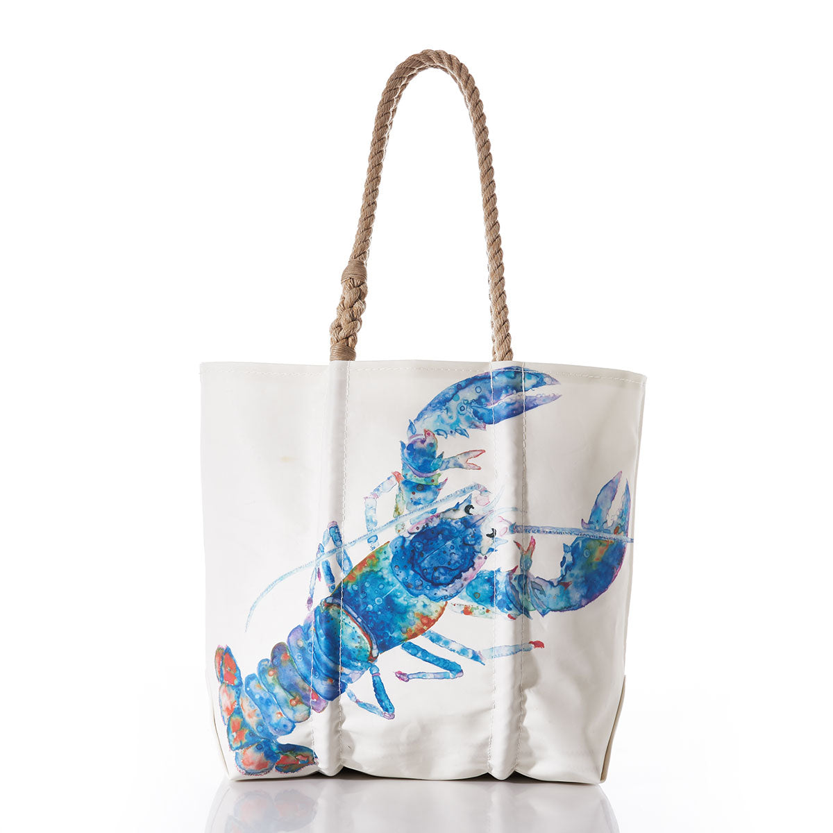Introducing the Sea Bags Multicolor Lobster Medium Tote: a stylish and sustainable white tote crafted from recycled sail cloth, featuring rope handles and a bold blue-and-orange cotton candy lobster illustration inspired by Maine artwork on the front against a plain background. by Sea Bags