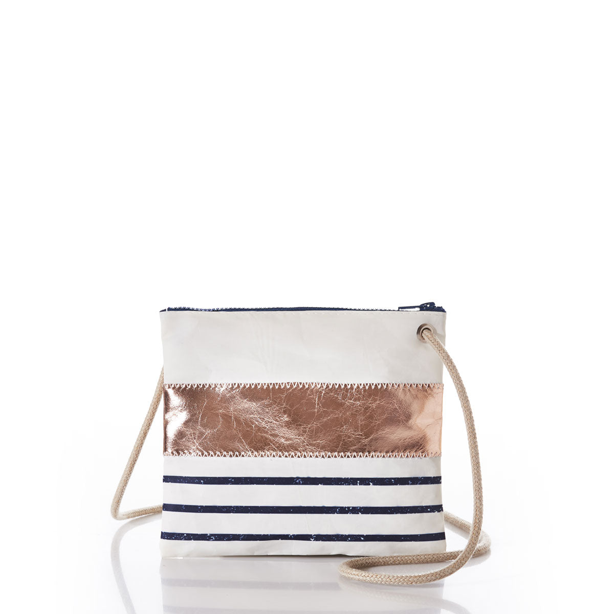 Introducing the Sea Bags Rose Gold-on-Navy Mariner Stripe Slim Crossbody Bag—a handcrafted everyday essential featuring classic white and navy Breton stripes, a rope strap, and a chic metallic rose gold accent on the front. by Sea Bags
