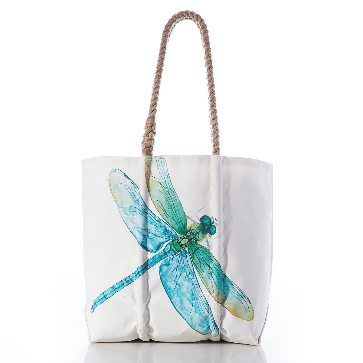 The Sea Bags Watercolor Dragonfly Tote with Clasp and Hanging Pocket features a striking blue-green dragonfly illustration—an original design by a local artist—on the front. This stylish white tote bag, photographed against a white background, is finished with rope handles and offers both uniqueness and charm. by Sea Bags