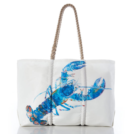 Sea Bags Multicolor Lobster Large Tote, crafted from recycled sail cloth in the classic Maine tote bag style, features sturdy rope handles and a vibrant blue cotton candy lobster illustration on the front. by Sea Bags