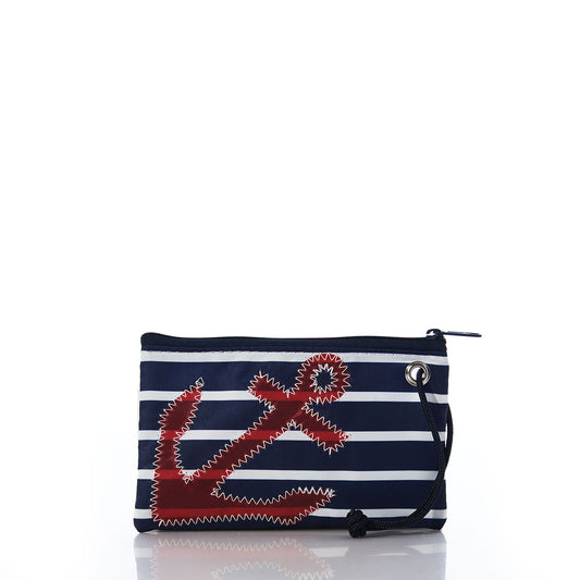 The Red Anchor on Navy Stripes Wristlet by Sea Bags is a lightweight accessory made from recycled sails, featuring navy and white stripes, a bold red anchor applique, zipper closure, and a black wrist strap—offering both style and eco-friendly appeal. by Sea Bags