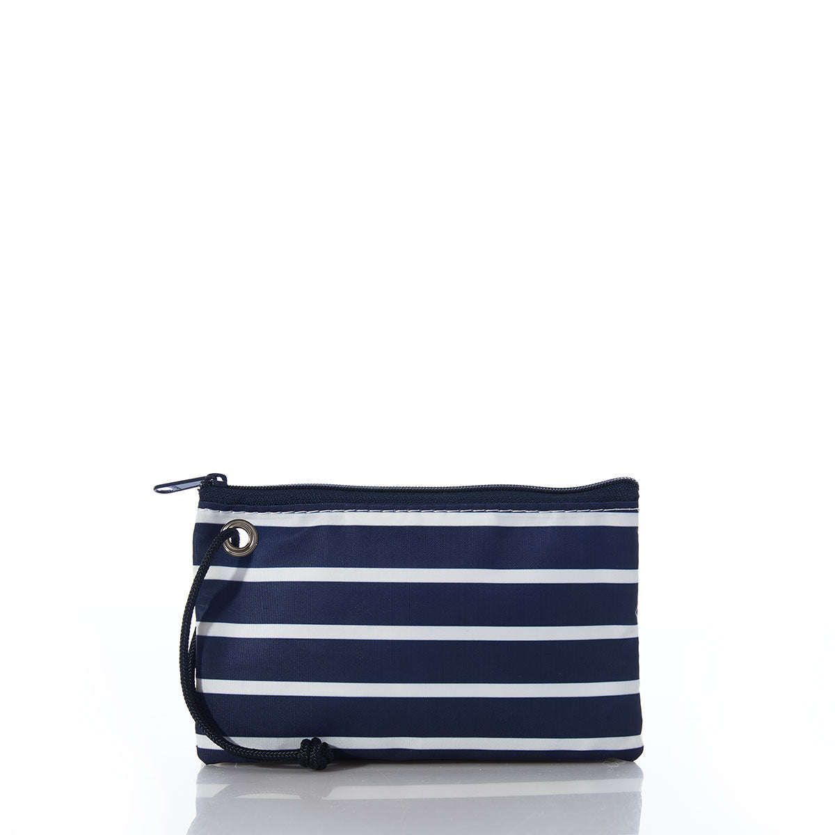 The Sea Bags Red Anchor on Navy Stripes Wristlet is a lightweight accessory crafted from recycled sails, featuring horizontal white stripes on navy, a bold red anchor motif, a black zipper, and a black wrist strap—perfect as a nautical wristlet and shown here on a white background. by Sea Bags