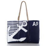 Introducing the Sea Bags Custom Monogram Breton Stripe Anchor Large Tote—a stylish navy blue nautical tote bag crafted from durable, eco-friendly recycled sail cloth. It features a striking large white anchor design, classic striped panel, sturdy rope handles, and can be personalized with your initials e.g., AP printed on one side. by Sea Bags