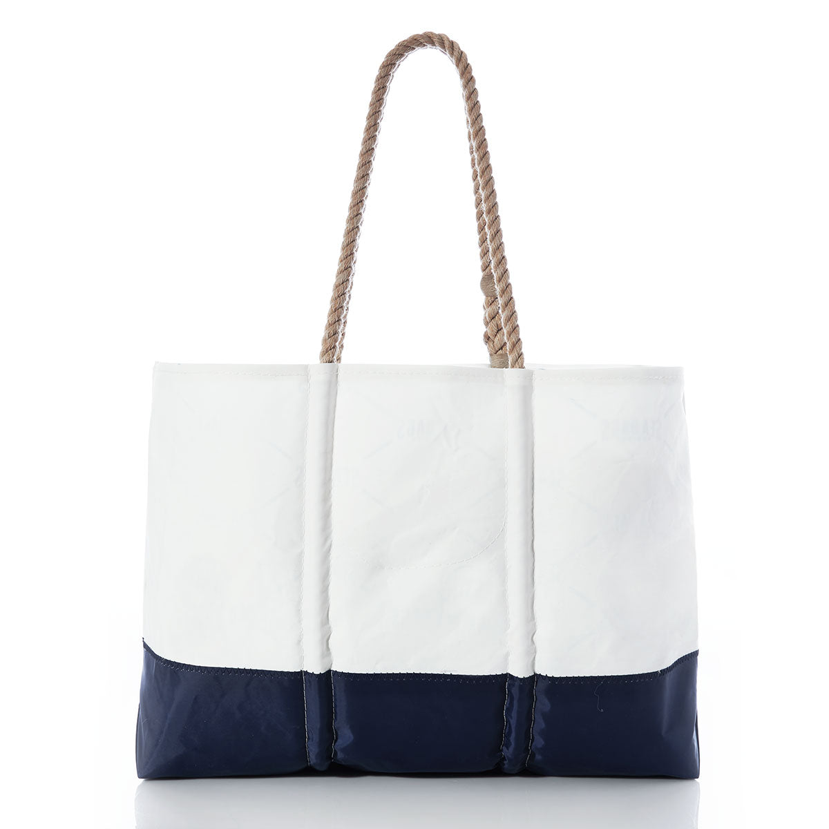 The Sailmakers Tote with Clasp and Hanging Pocket by Sea Bags is a large nautical tote bag made from recycled sail cloth, showcasing a white upper section, navy blue bottom, and two brown rope handles, photographed against a white background. by Sea Bags