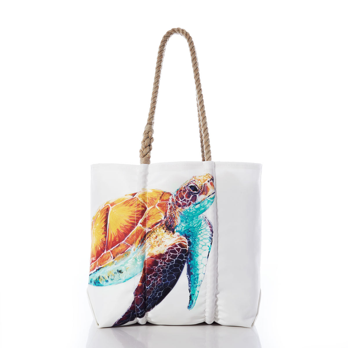 The Multicolor Sea Turtle Medium Tote by Sea Bags features a colorful sea turtle illustration on the front and is crafted from sustainable recycled sail material with rope handles, all showcased on a white background. by Sea Bags