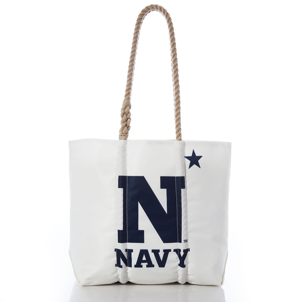 Crafted by Sea Bags from durable recycled sail cloth, the US Naval Academy Tote features sturdy rope handles, a bold navy blue letter N with NAVY printed below, and a star in the upper right corner—making it an ideal accessory for Midshipmen or anyone celebrating the proud traditions of the United States Naval Academy. by Sea Bags