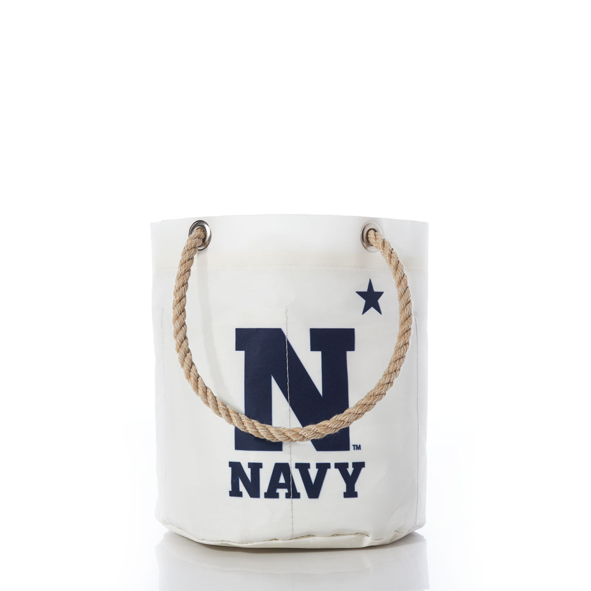 Introducing the US Naval Academy Beverage Bucket by Sea Bags—a unique white bucket-style bag crafted from recycled sail cloth. It features a sturdy rope handle, bold navy blue lettering with the letter N and the word NAVY, plus a striking star symbol. Both durable and stylish, this distinctive beverage bucket is perfect for showing your Midshipmen pride. by Sea Bags