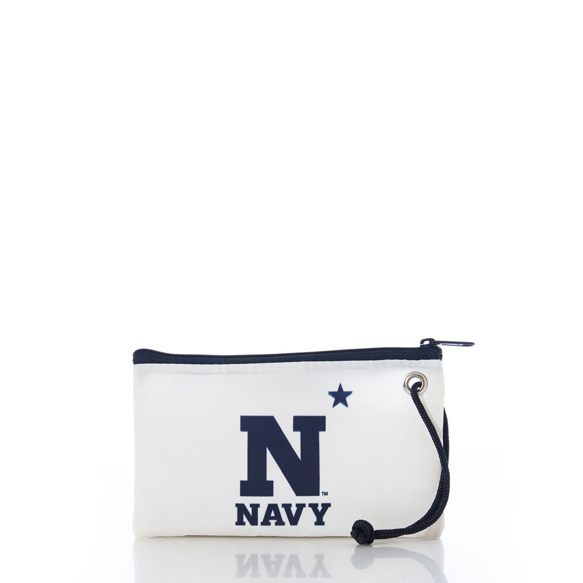 Sea Bags US Naval Academy Wristlet: An eco-friendly, white zippered pouch handcrafted from recycled sail cloth, featuring the United States Naval Academy’s navy N logo, star, and NAVY on the front—with a navy string loop for easy carrying. by Sea Bags