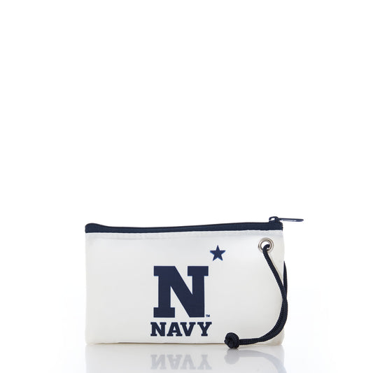 Sea Bags US Naval Academy Wristlet: An eco-friendly, white zippered pouch handcrafted from recycled sail cloth, featuring the United States Naval Academy’s navy N logo, star, and NAVY on the front—with a navy string loop for easy carrying. by Sea Bags