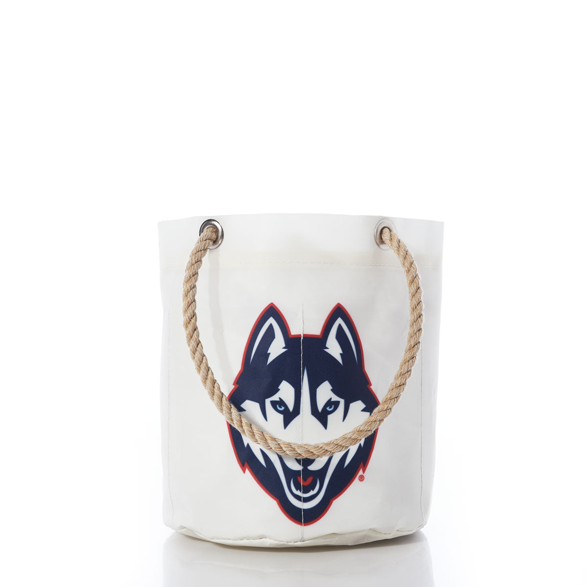 Sea Bags UCONN Beverage Bucket with rope handles and a large husky dog logo printed on the front—perfect for organizing your college dorm or as a thoughtful gift to show your school spirit. by Sea Bags
