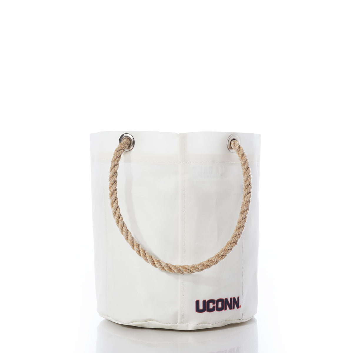 White recycled sail cloth UCONN Beverage Bucket by Sea Bags, featuring sturdy rope handles and metal grommets, with the UCONN logo in maroon lettering near the bottom right corner—ideal as a college dorm organizer or spirited school gift. by Sea Bags