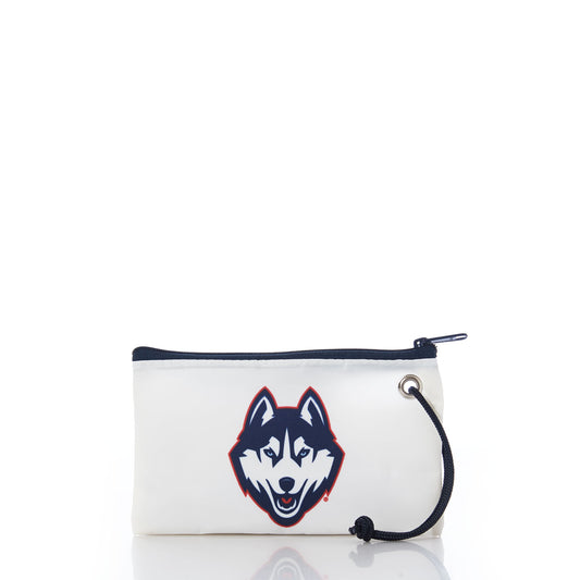 The UCONN Wristlet by Sea Bags is an eco-friendly pouch made from recycled sail cloth, showcasing a navy and red husky dog logo on the front and finished with a black wrist strap—perfect for everyday use while displaying your school pride. by Sea Bags