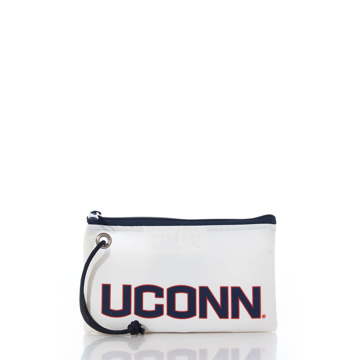 Show your school spirit with the UCONN Wristlet by Sea Bags—an eco-friendly zippered pouch featuring a black wrist strap and UCONN printed in bold blue and red on the front. Crafted from recycled sail cloth, this unique bag combines sustainability with university pride. by Sea Bags