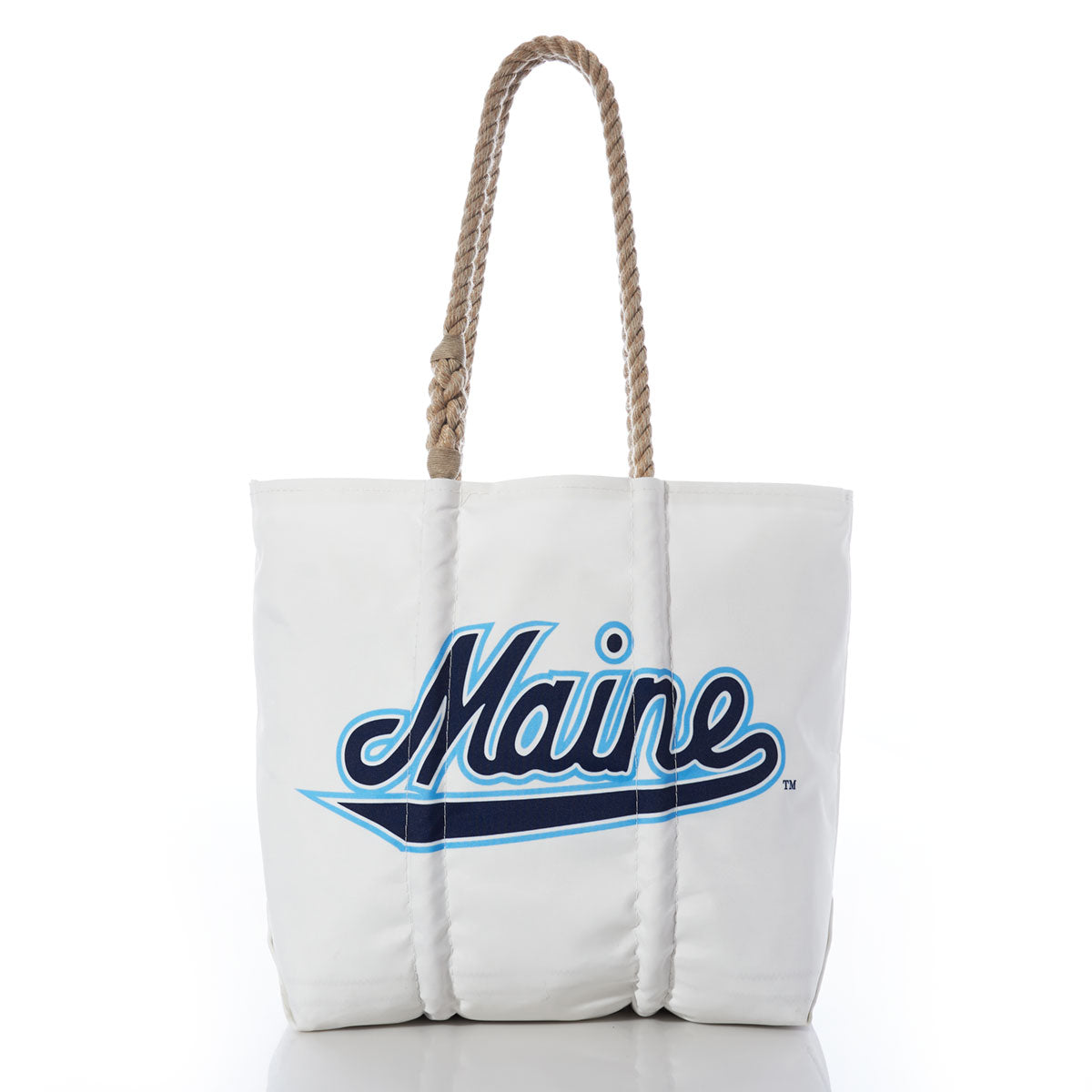 Sea Bags UMaine Tote—a white tote bag with rope handles, crafted from recycled sail cloth and featuring Maine in blue cursive script on the front—makes the perfect accessory to show your University of Maine school spirit; photographed against a white background. by Sea Bags