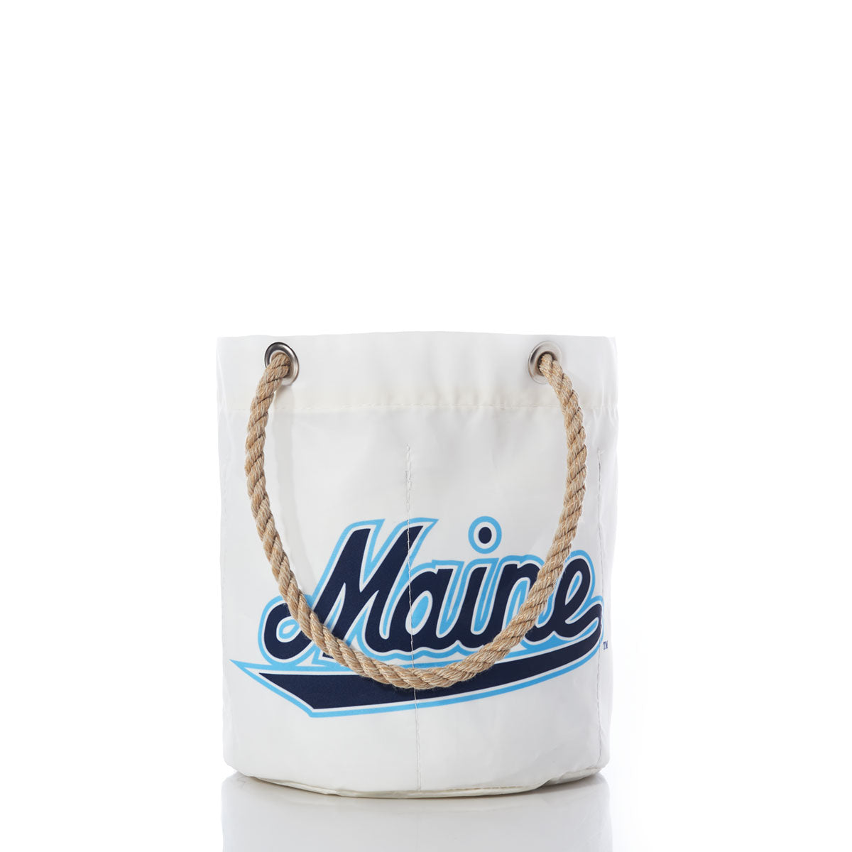 UMaine Beverage Bucket by Sea Bags—crafted from recycled sail cloth and featuring sturdy rope handles, with Maine printed in blue lettering on the front—displayed against a white background. A versatile piece that’s perfect as a shower caddy or University of Maine bucket. by Sea Bags