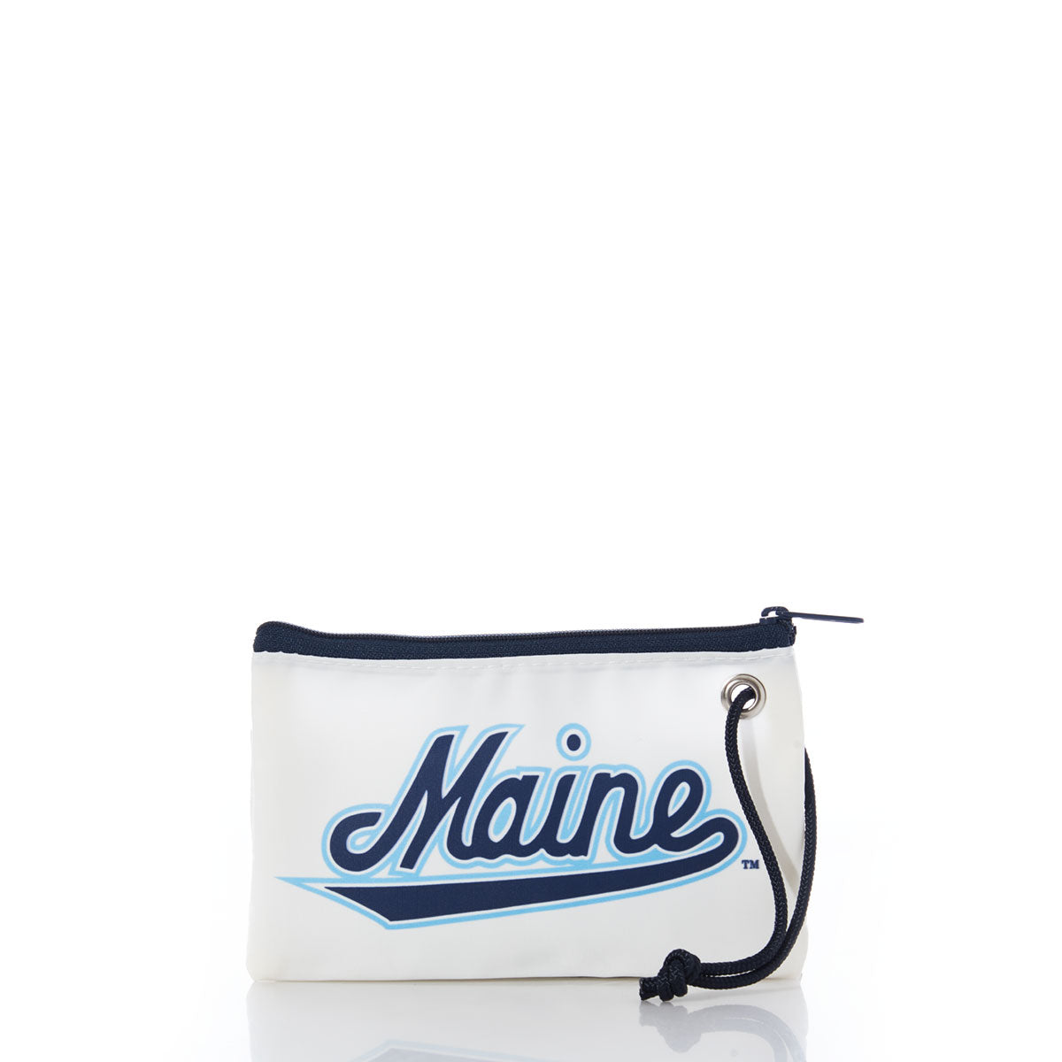 Introducing the Sea Bags UMaine Wristlet: a compact white pouch featuring a navy trim and cord loop, made from eco-friendly recycled sail cloth with Maine in bold blue script on the front. by Sea Bags