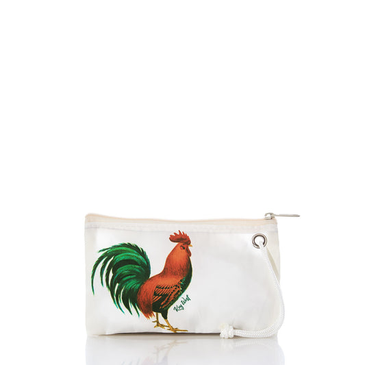 The Sea Bags Key West Rooster Wristlet is a white zippered pouch with a wrist strap, featuring an illustration of a rooster with green tail feathers standing on the side. This unique Conch Republic accessory captures the spirit of Key West and makes for the perfect Key West chicken bag—ideal for carrying your everyday essentials. by Sea Bags