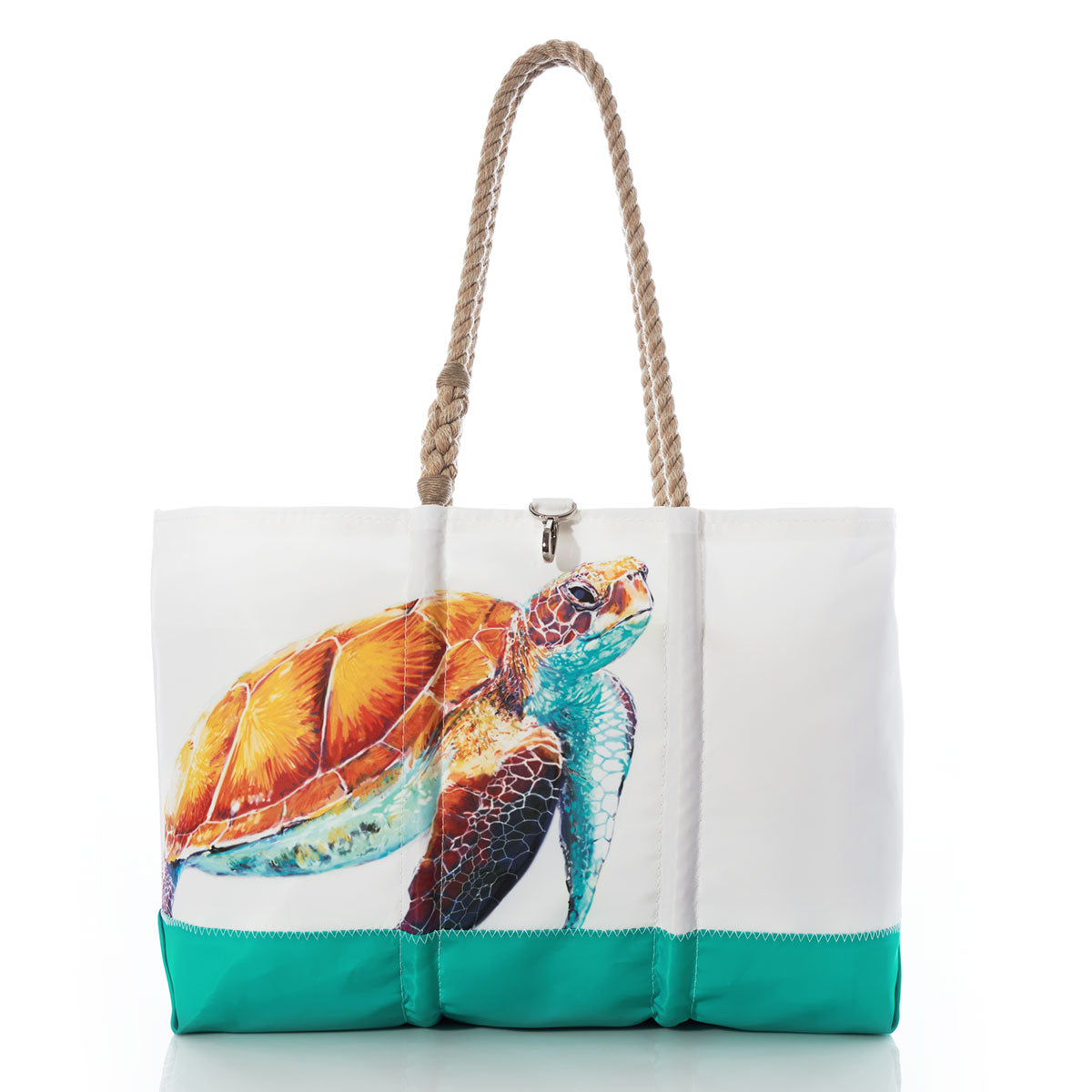 Bring coastal flair to your outings with the Sea Bags Multicolor Sea Turtle Ogunquit Beach Tote—a striking white tote featuring a green bottom, sturdy rope handles, and a vibrant sea turtle illustration on the front. by Sea Bags
