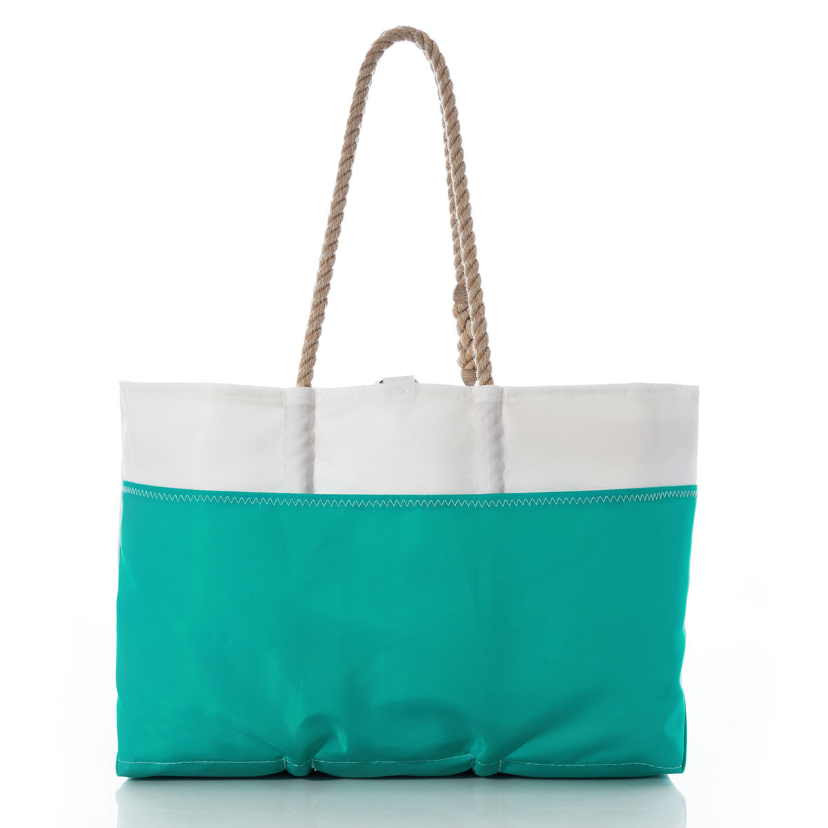 The Sea Bags Multicolor Sea Turtle Ogunquit Beach Tote features a spacious design with a white upper and turquoise bottom, accented by two sturdy rope handles. Crafted from recycled sails, this eco-friendly tote is both stylish and sustainable—ideal for your next coastal adventure. by Sea Bags