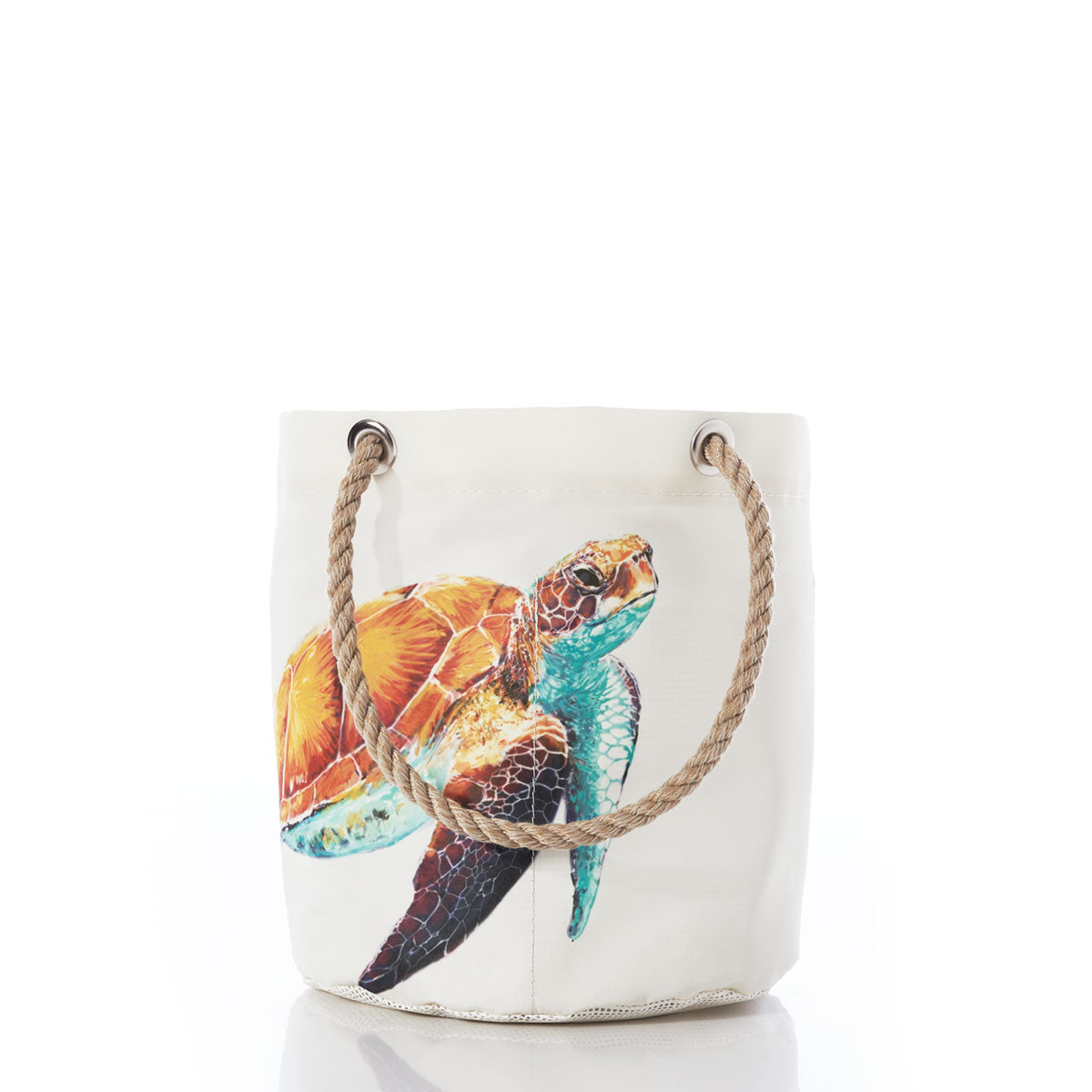 Sea Bags Multicolor Sea Turtle Beachcomber Bucket, crafted from recycled sails with a sturdy rope handle and a vibrant sea turtle design on the front, is shown against a white background. This unique canvas bag is perfect as a beach bucket for your seaside adventures. by Sea Bags