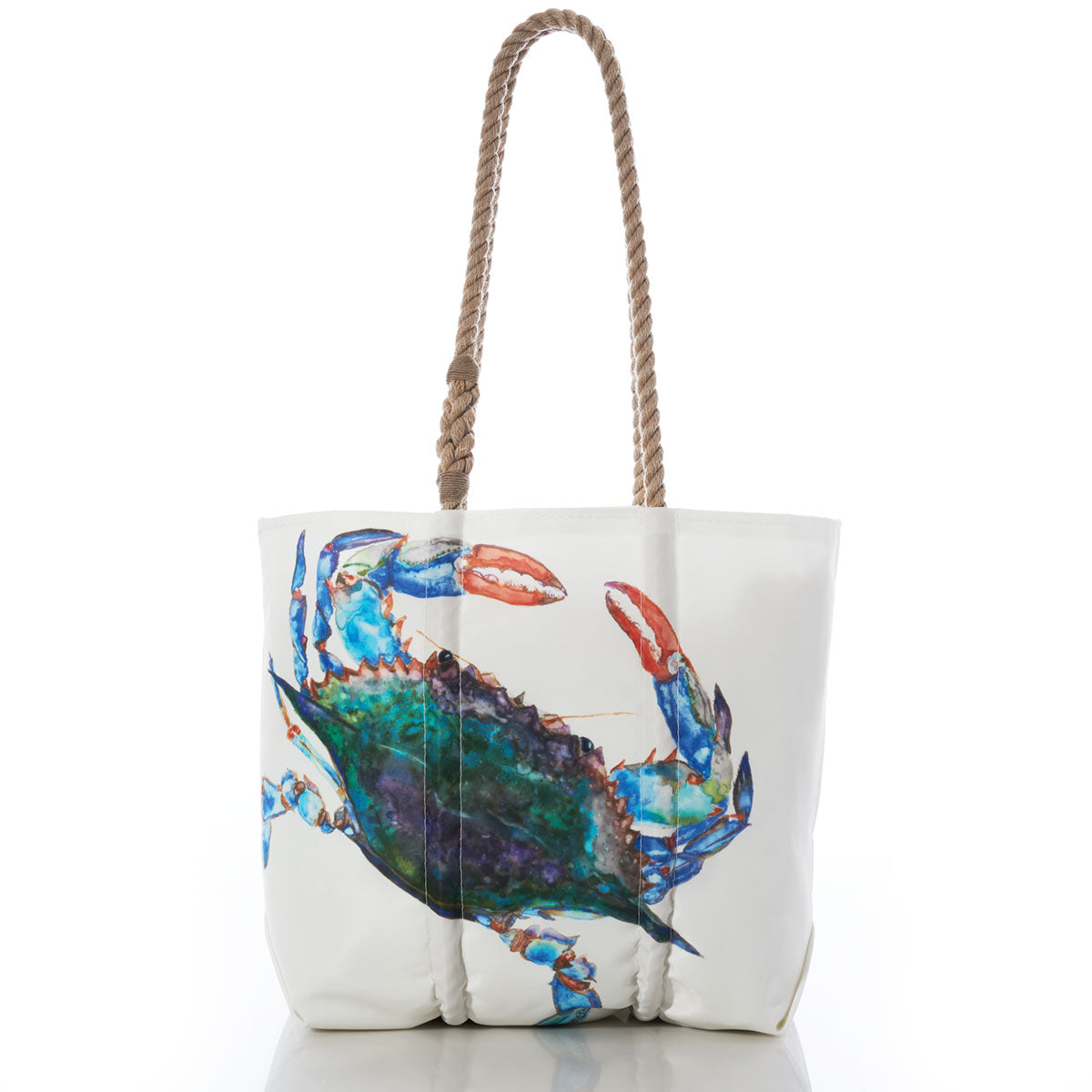 Sea Bags Zip Top Watercolor Crab Medium Tote, crafted from recycled sail cloth and featuring a vibrant blue crab design by a Maine artist, is finished with brown rope handles and photographed against a white background. by Sea Bags