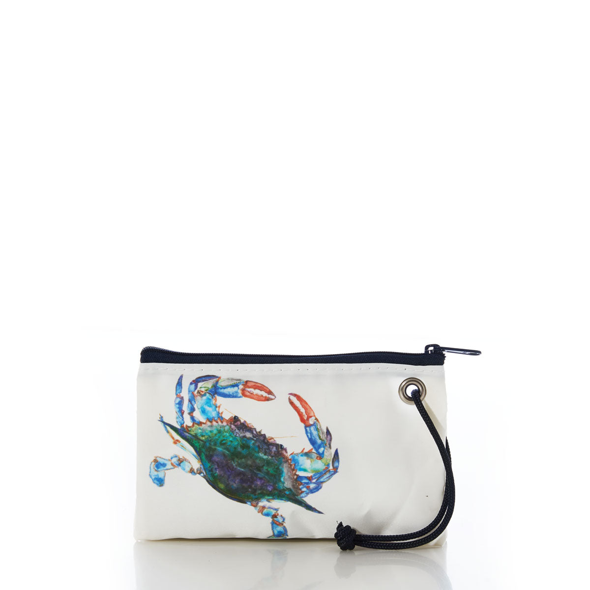 Sea Bags Watercolor Crab Wristlet: This stylish and sustainable white zippered pouch, crafted from recycled sail cloth, features a black strap and a vibrant blue crab illustration on the front. Designed by a Maine artist, it’s the perfect eco-friendly accessory. by Sea Bags