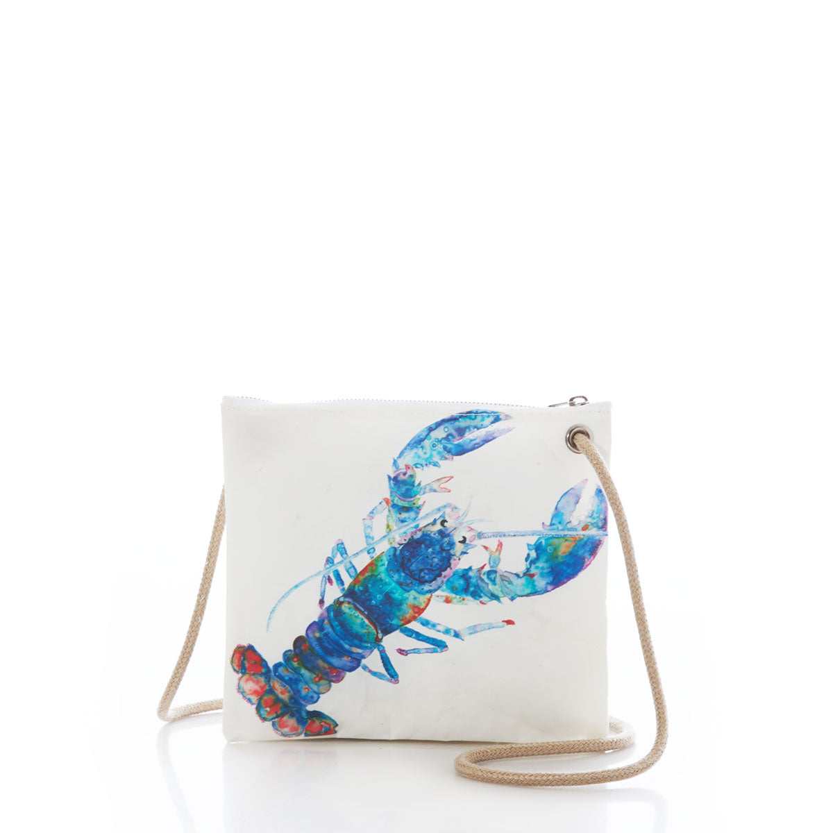 Sea Bags Multicolor Lobster Slim Crossbody—crafted from recycled sail cloth for an eco-friendly, sustainable design—features a square white canvas body, a vibrant blue and red lobster illustration, a top zipper closure, and a tan rope shoulder strap. Displayed on a white background. by Sea Bags