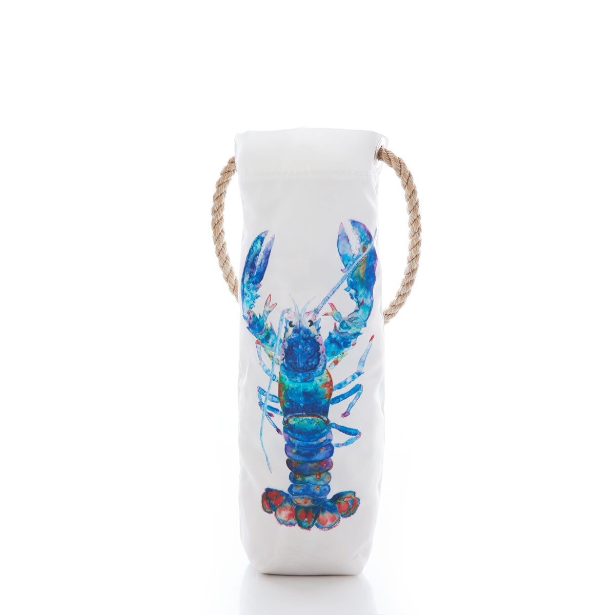 The Sea Bags Multicolor Lobster Wine Bag features a vibrant blue and red lobster design inspired by iconic Maine artwork, displayed on a recycled sail material with sturdy rope handles. Shown against a plain white background, this eco-friendly carrier adds a unique touch to any wine gift. by Sea Bags