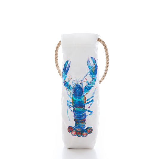 The Sea Bags Multicolor Lobster Wine Bag features a vibrant blue and red lobster design inspired by iconic Maine artwork, displayed on a recycled sail material with sturdy rope handles. Shown against a plain white background, this eco-friendly carrier adds a unique touch to any wine gift. by Sea Bags