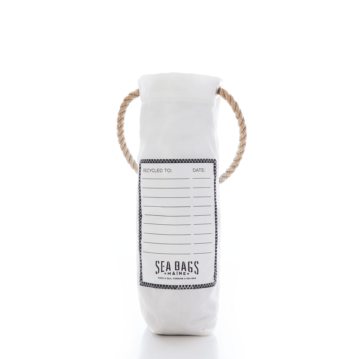 Multicolor Lobster Wine Bag by Sea Bags—a white cylindrical recycled sail bag with a rope handle, featuring a recycling information label and Sea Bags branding on the front. Displaying distinctive Maine lobster artwork, this functional and stylish wine carrier stands out against a white background. by Sea Bags