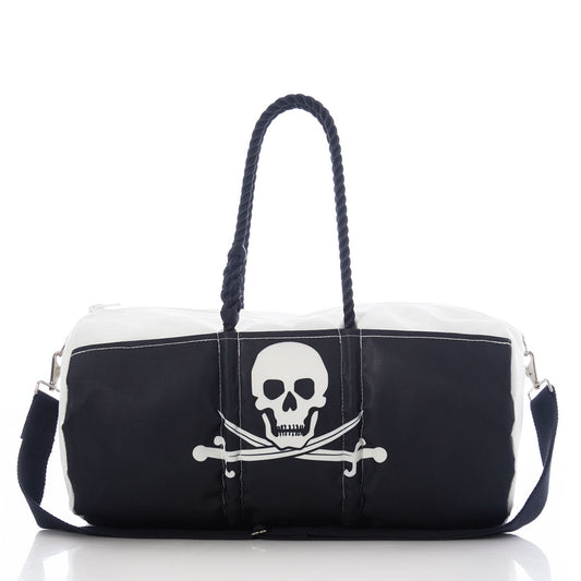 The Sea Bags Jolly Roger Duffel is a black and white duffel bag made from recycled sail material, featuring sturdy rope handles and a bold skull and crossed bones graphic on the front, shown on a white background for a stylish and sustainable accessory. by Sea Bags
