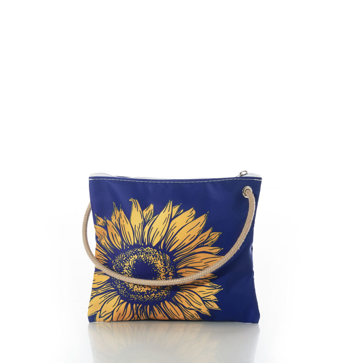 Sea Bags Sunflower Slim Crossbody features a blue zippered design with a vibrant yellow sunflower print and a beige rope handle, shown against a white background—ideal for nature lovers seeking a stylish yet minimalist accessory. by Sea Bags