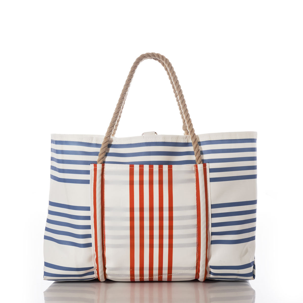 The Picnic Stripe Pier Tote by Sea Bags features blue horizontal stripes and orange vertical and horizontal accents on the front pocket, with two rope handles, displayed against a plain white background. by Sea Bags