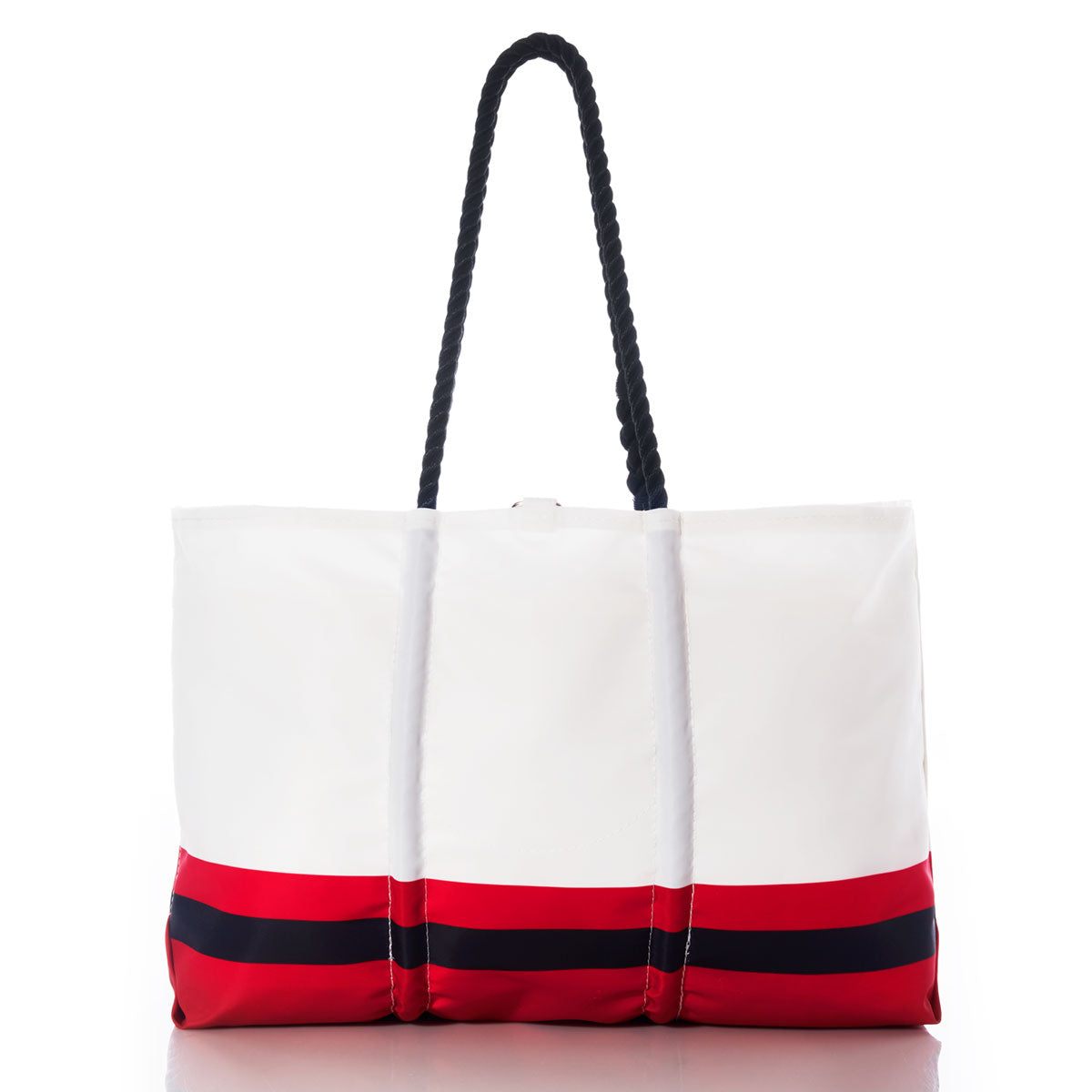The Kansas City Chiefs Tailgate Tote by Sea Bags is a white tote bag featuring navy rope handles and bold red and navy stripes at the bottom, showcased on a plain white background. Made from recycled sail cloth, this durable and eco-friendly bag is perfect for game day tailgates or everyday adventures. by Sea Bags