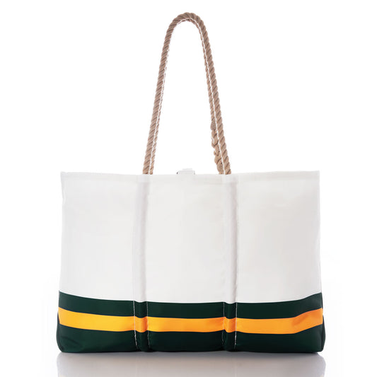 Introducing the Green Bay Packers Tailgate Tote by Sea Bags—a white tote bag made from durable recycled sail cloth, featuring green and yellow horizontal stripes at the bottom, two twisted rope handles, and a stylish design perfect for game day or everyday use. Displayed on a white background. by Sea Bags