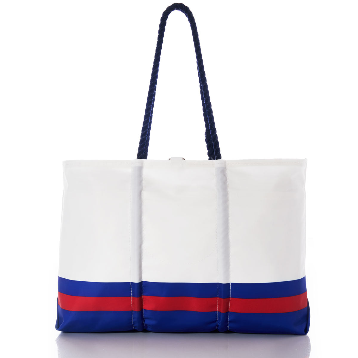 Buffalo Bills Tailgate Tote by Sea Bags featuring navy rope handles and blue and red horizontal stripes near the bottom, crafted from recycled sail cloth, displayed against a white background. by Sea Bags