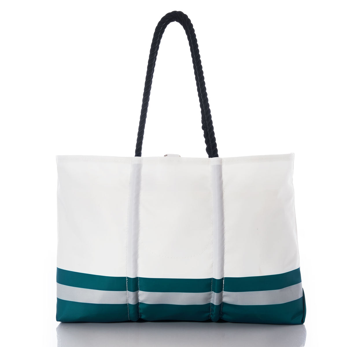 The Sea Bags Philadelphia Eagles Tailgate Tote is a white bag with black rope handles, accented by teal and silver horizontal stripes near the base. Crafted from durable recycled sail cloth, it’s ideal as an Eagles tote or football tailgate bag and is shown against a plain white background. by Sea Bags