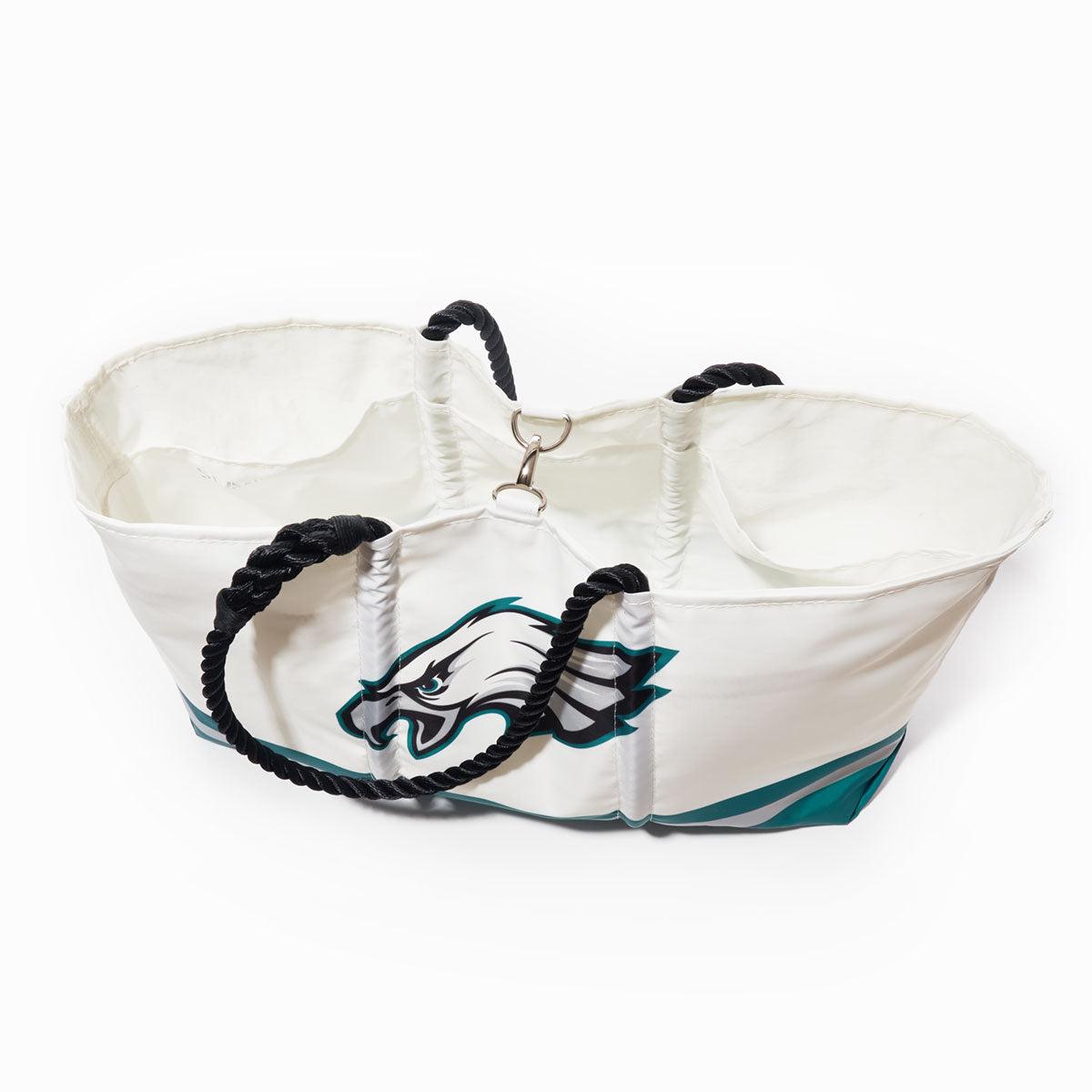 The Sea Bags Philadelphia Eagles Tailgate Tote is crafted from recycled sail cloth for lasting durability and distinctive style, showcasing black rope handles and the iconic Eagles logo on the side—perfect for football tailgates or everyday use. Shown against a plain white background. by Sea Bags