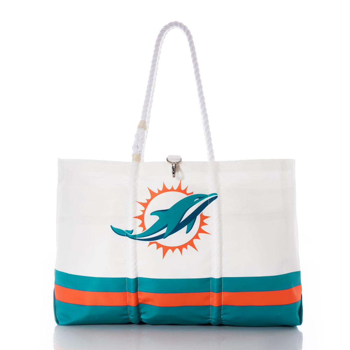 The Sea Bags Miami Dolphins Tailgate Tote is crafted from recycled sail cloth and features teal and orange stripes with a dolphin logo set against an orange sunburst. This tote includes white rope handles and is shown photographed on a white background. by Sea Bags